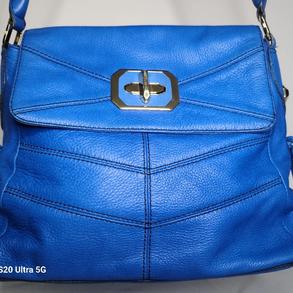 Anthropologie orYany Large Blue Leather Turn Lock Shoulder Bag - Picture 2 of 10